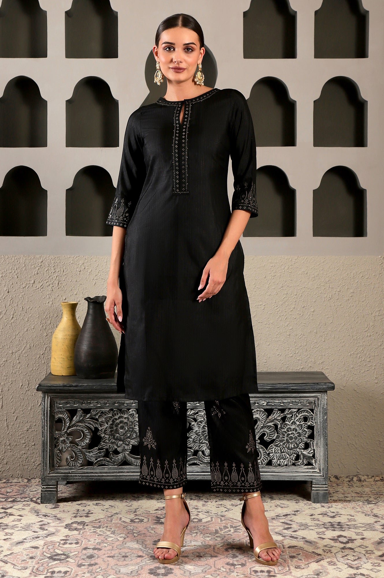 Black Embellished Keyhole Neck Straight Silk Kurta and Pants Set - Image 6