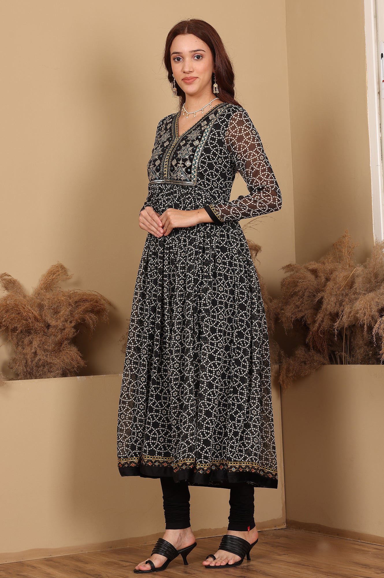 Black Printed Gathered Chiffon Kurta With Embroidery, Churidar And Dupatta Set