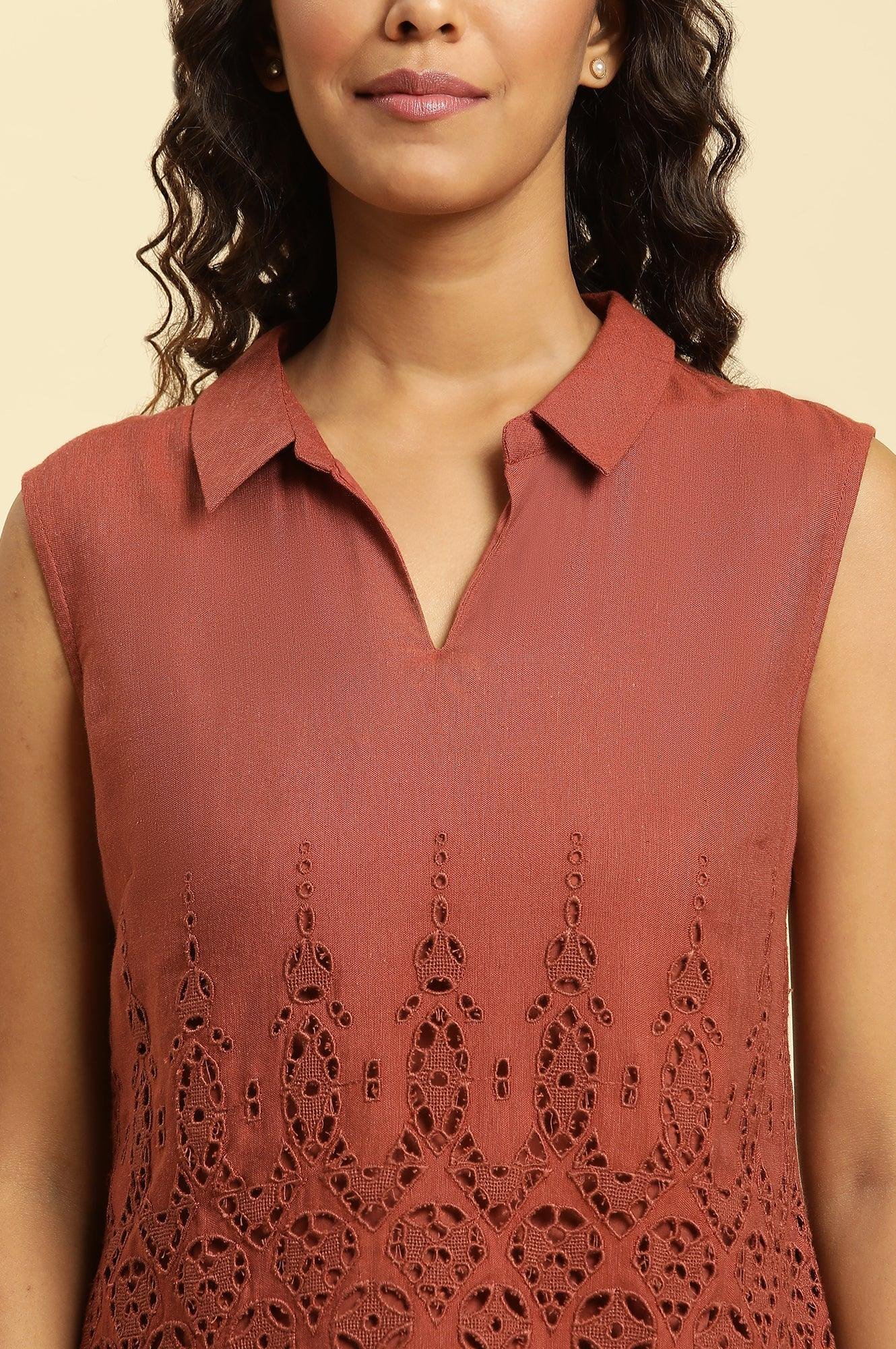 Dark Red Cotton Schiffli Top And Pants Co-Ord Set - Image 4